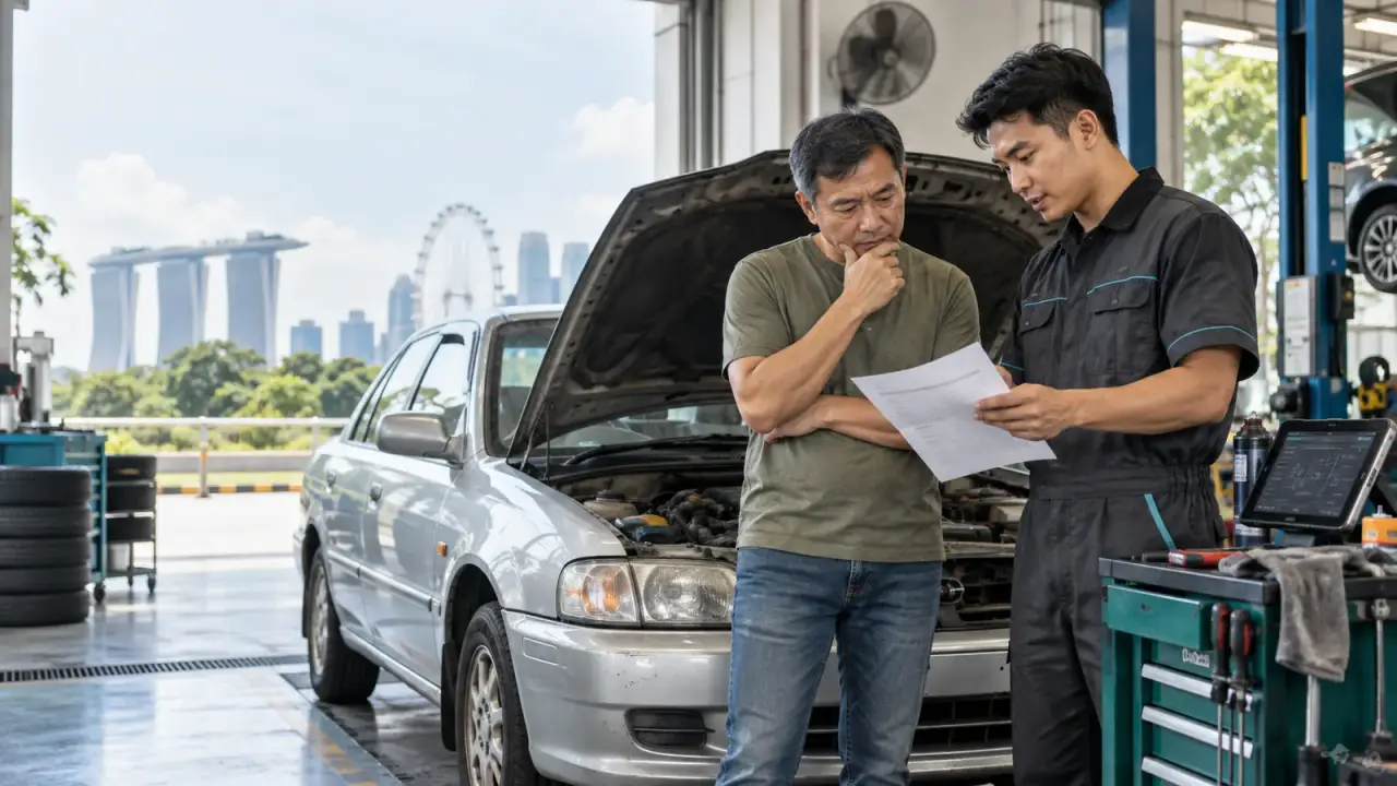 Car owner reviewing a repair estimate with a mechanic before deciding whether to sell the car in Singapore