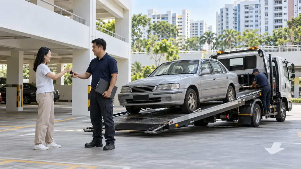 Scrap car Singapore collection day with an owner handing keys to a vehicle recovery coordinator